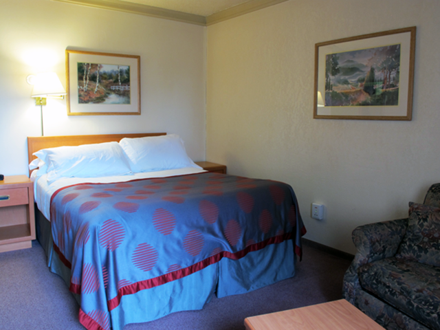 Cozy hotel room with double bed, armchair, and scenic wall art.