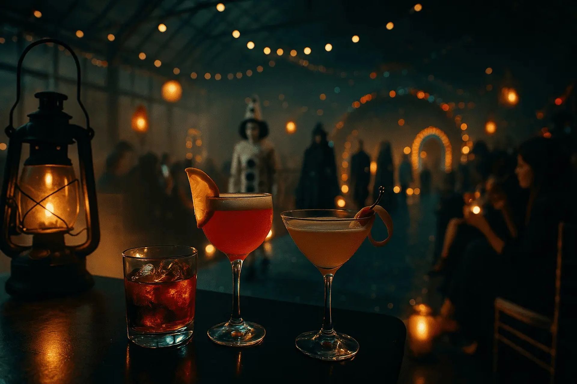 Three cocktails lit by lantern in carnival tent.