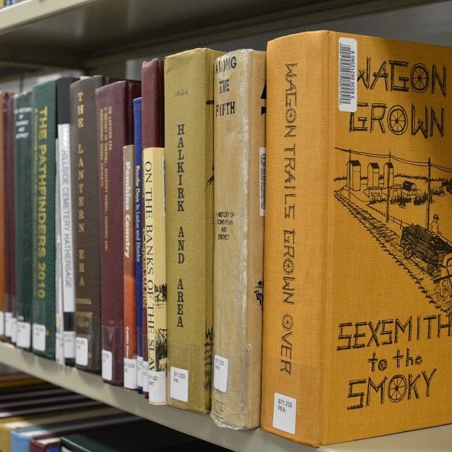 Books on a library shelf, including “NATION GROWN” and “SEXSMITH TO THE EMOKEY” spines.