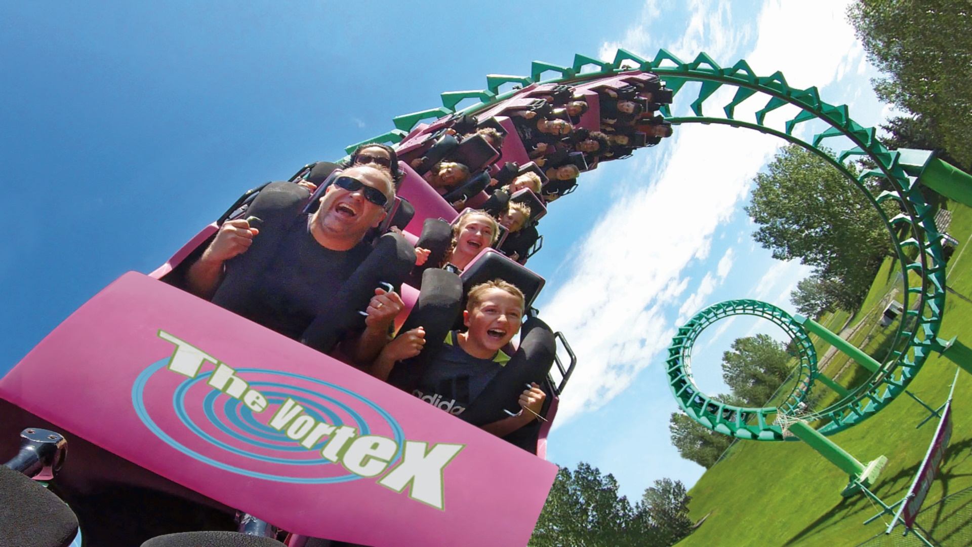 Roller coaster train labelled The Vortex enters green vertical loop above grassy park.