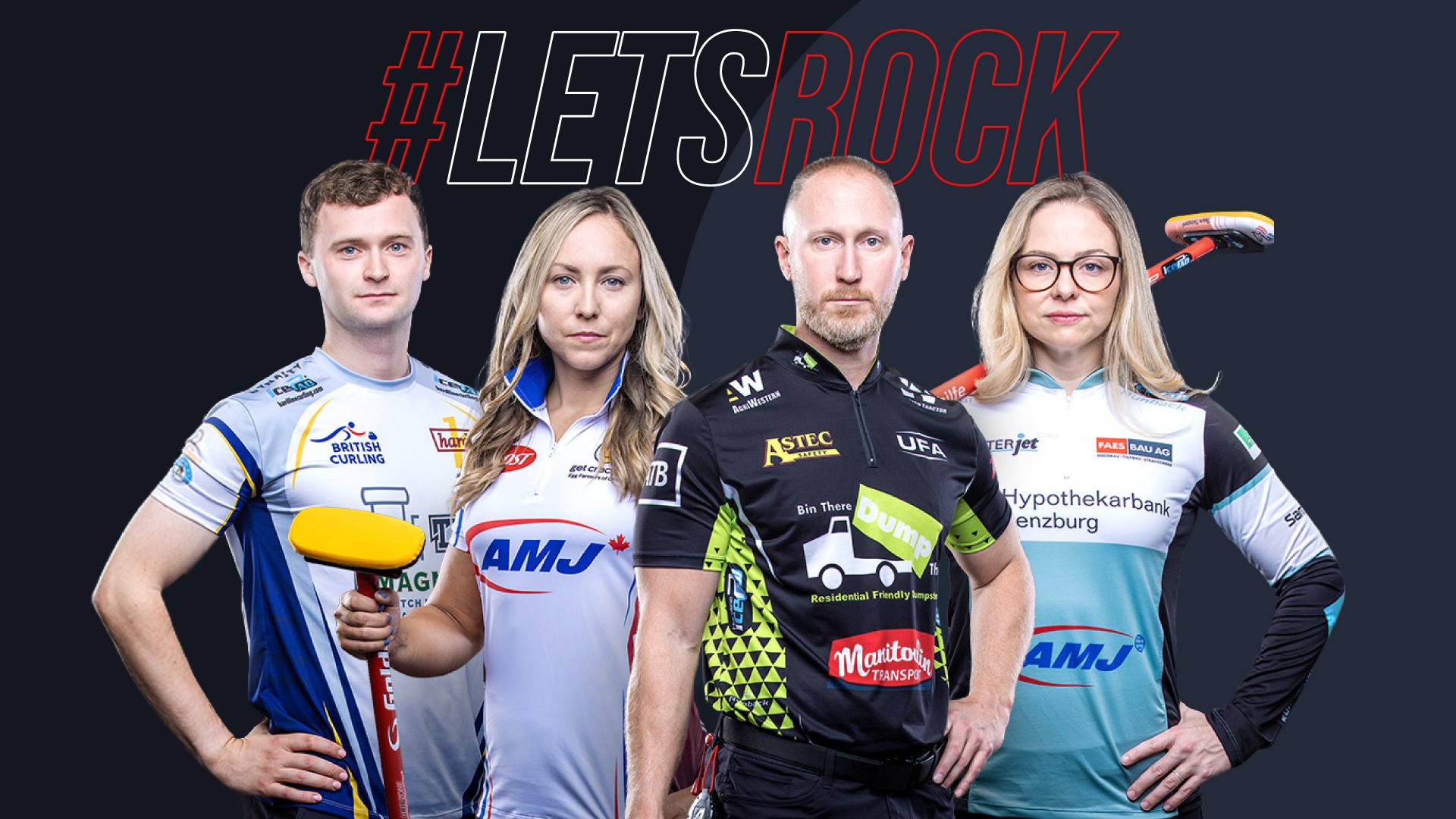 Four curlers in branded uniforms pose with curling brooms under large #LETSROCK text.