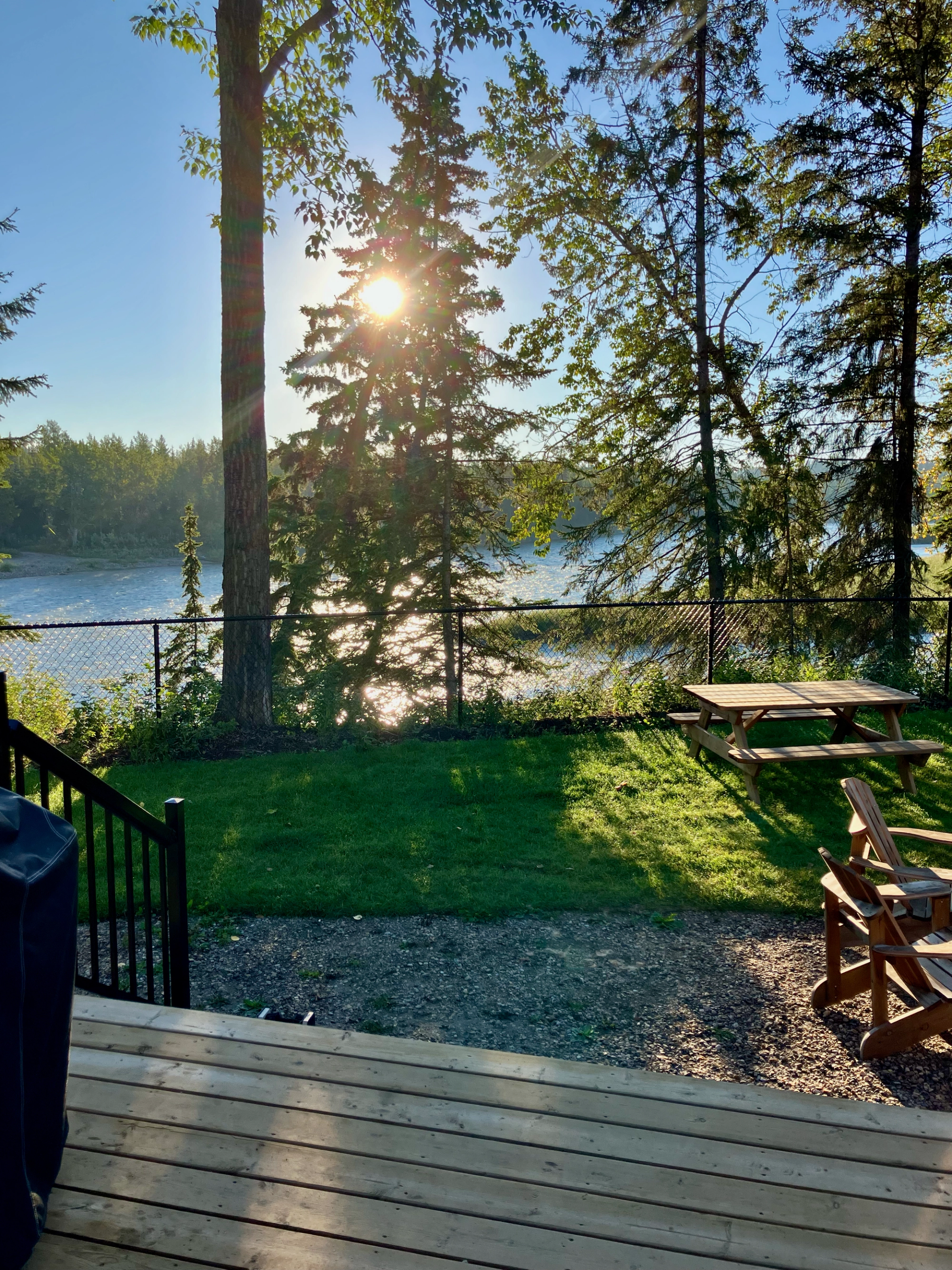 Sunlight shining through tall trees overlooking a calm lake with a picnic table and chairs in the foreground.
