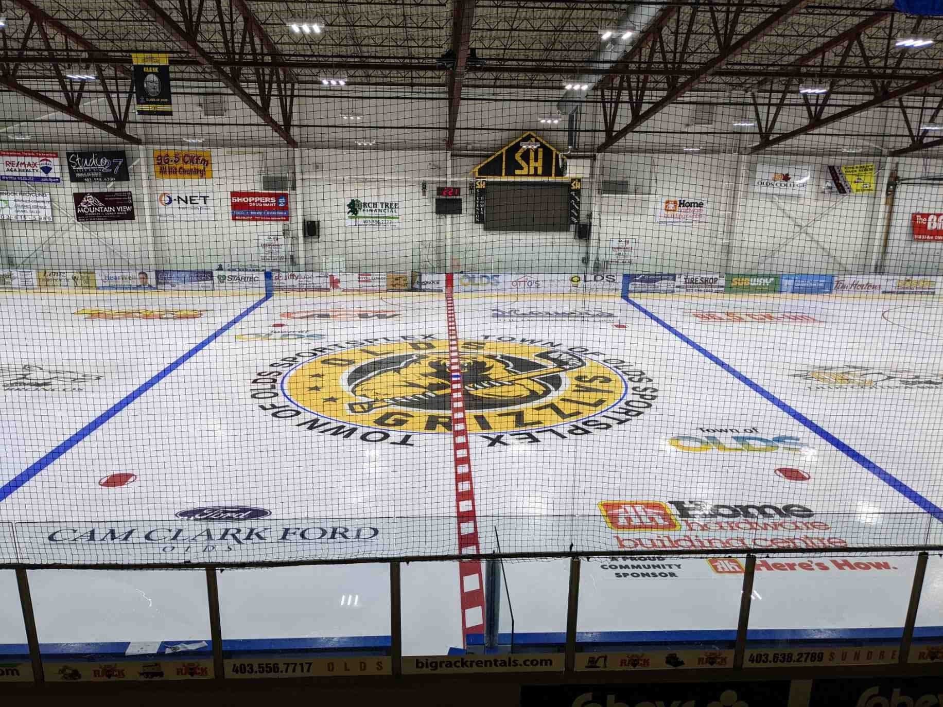 Indoor ice rink with center logo.