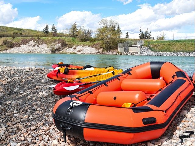 Rafts at the shore of The Paddle Station in Calgary.