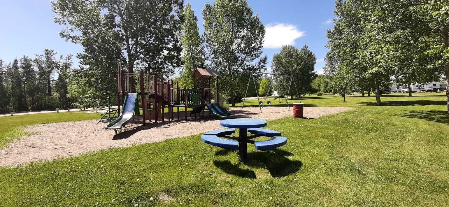 Outdoor playground with slides surrounded by trees