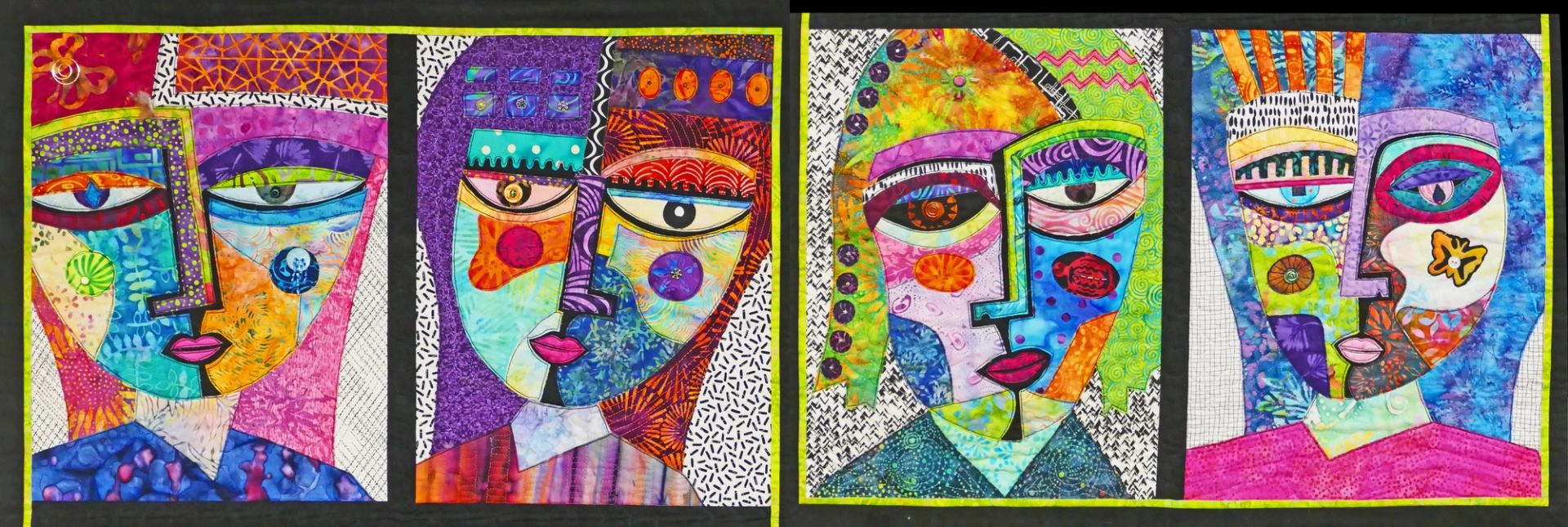 Four colourful abstract quilt panels showing stylized human faces with geometric patterns