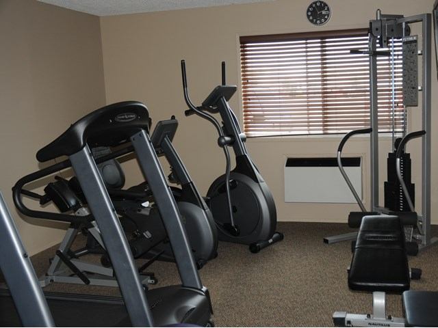 Small gym room with exercise equipment, including treadmills and an elliptical, under a window with blinds. Wall clock shows time in a calm setting.
