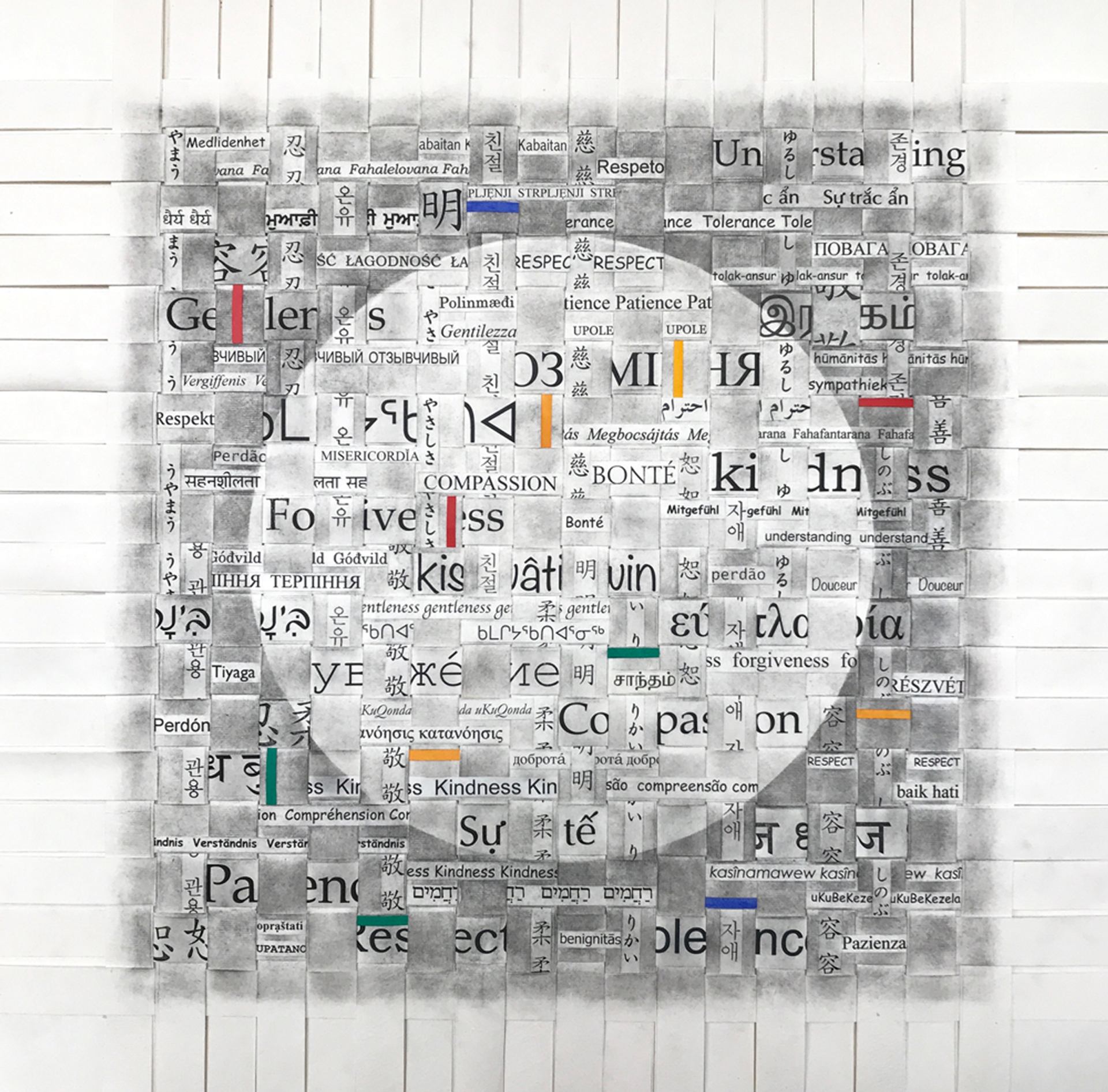 Amy Loewan RCA’s circular collage composed of vibrant newspaper excerpts.