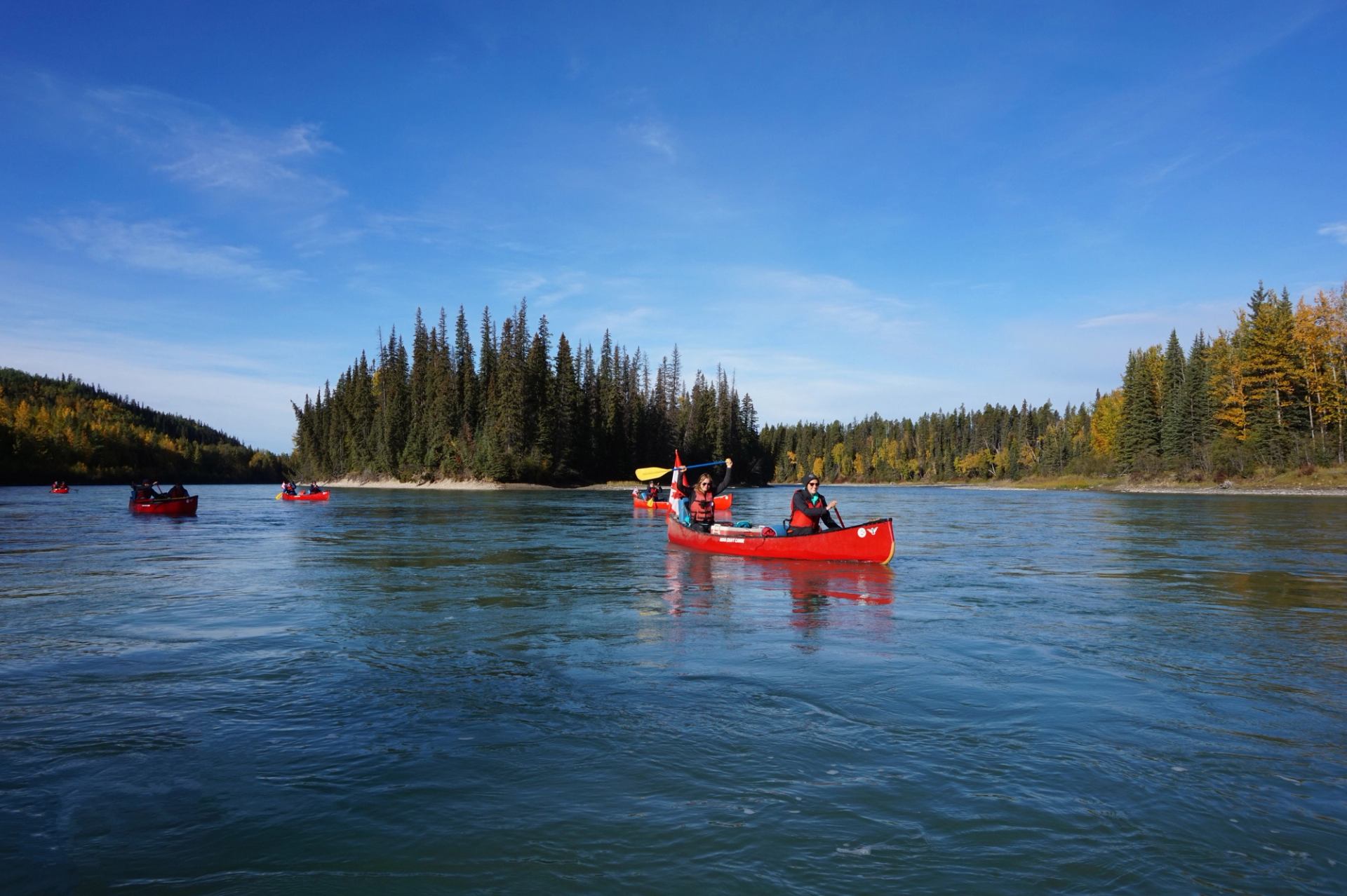 Red canoes paddle down a wide river bordered by dense evergreen and deciduous forest.