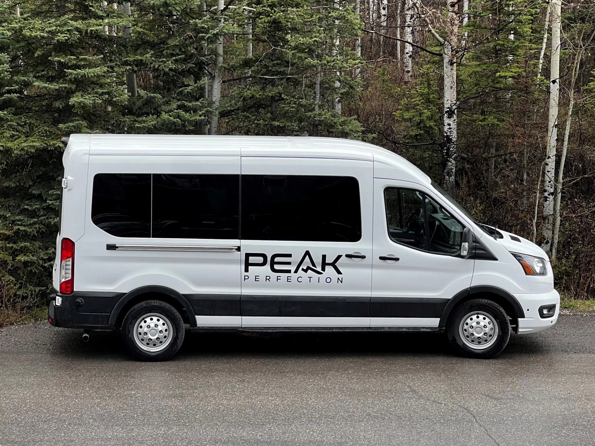 White van with “Peak Performance” parked near trees.