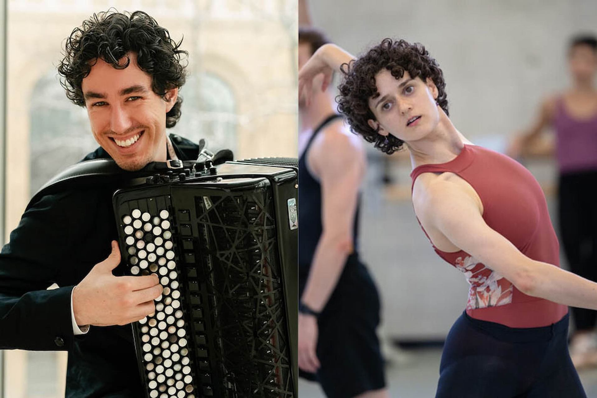 Split image showing an accordion player on left and ballet dancer in studio on right.