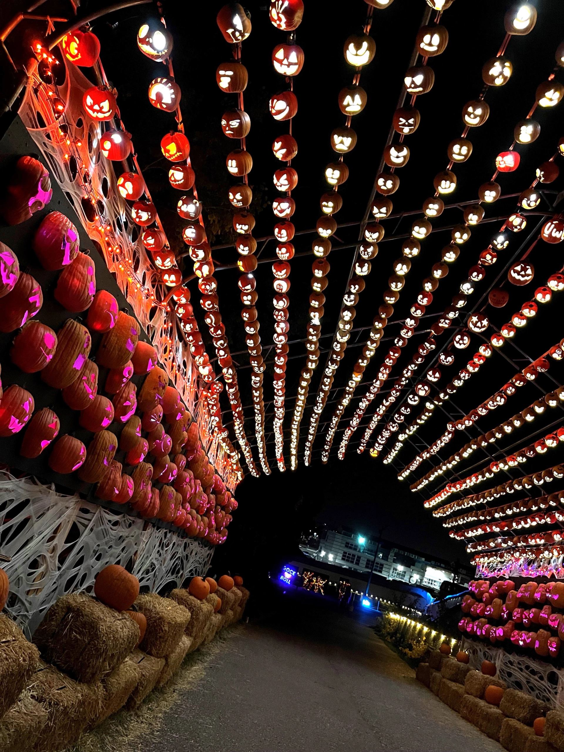 Lit tunnel of hanging jack-o'-lanterns with glowing faces and festive lights.