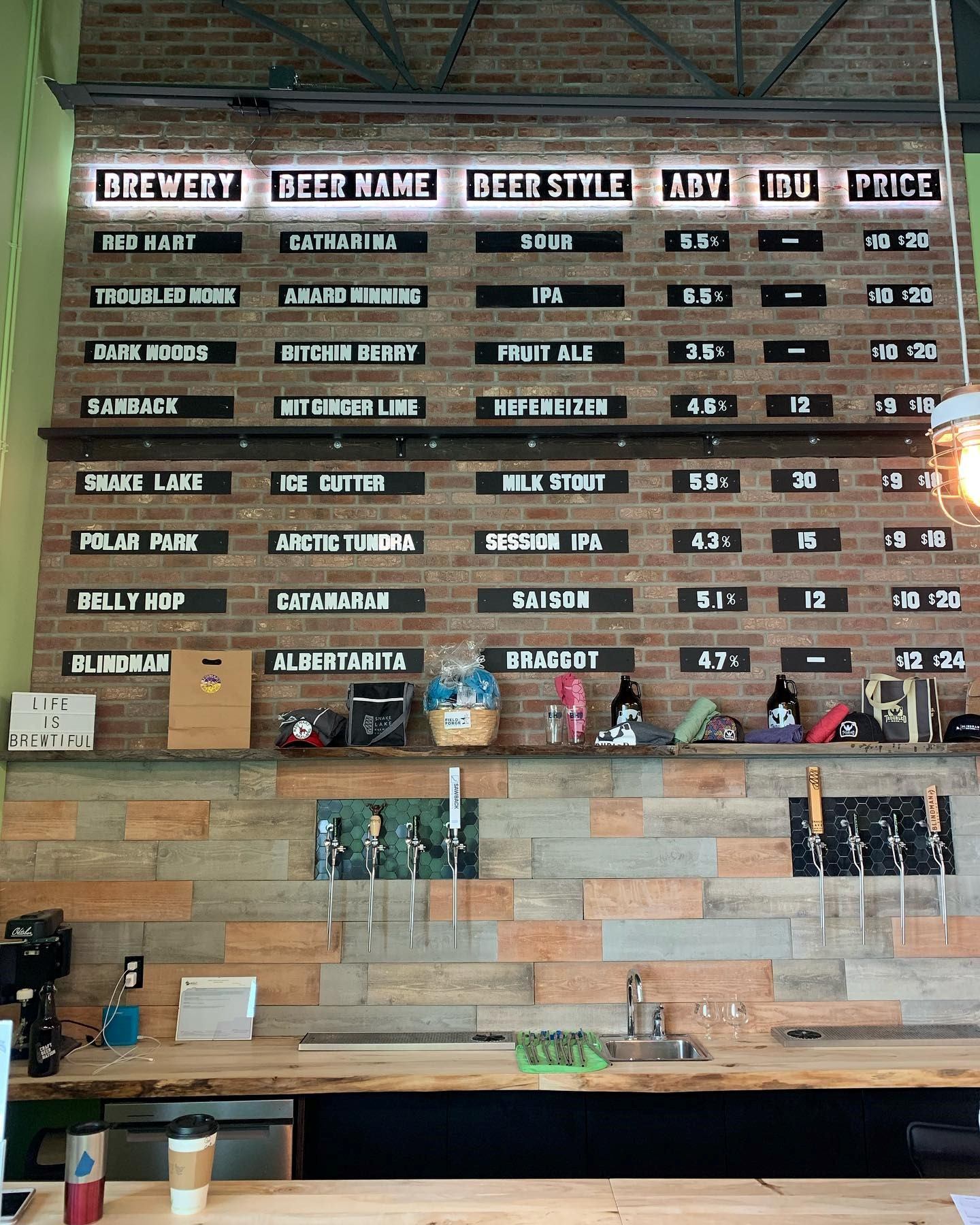 Craft Beer Nation taproom menu board listing IPAs, hazy brews, and prices.