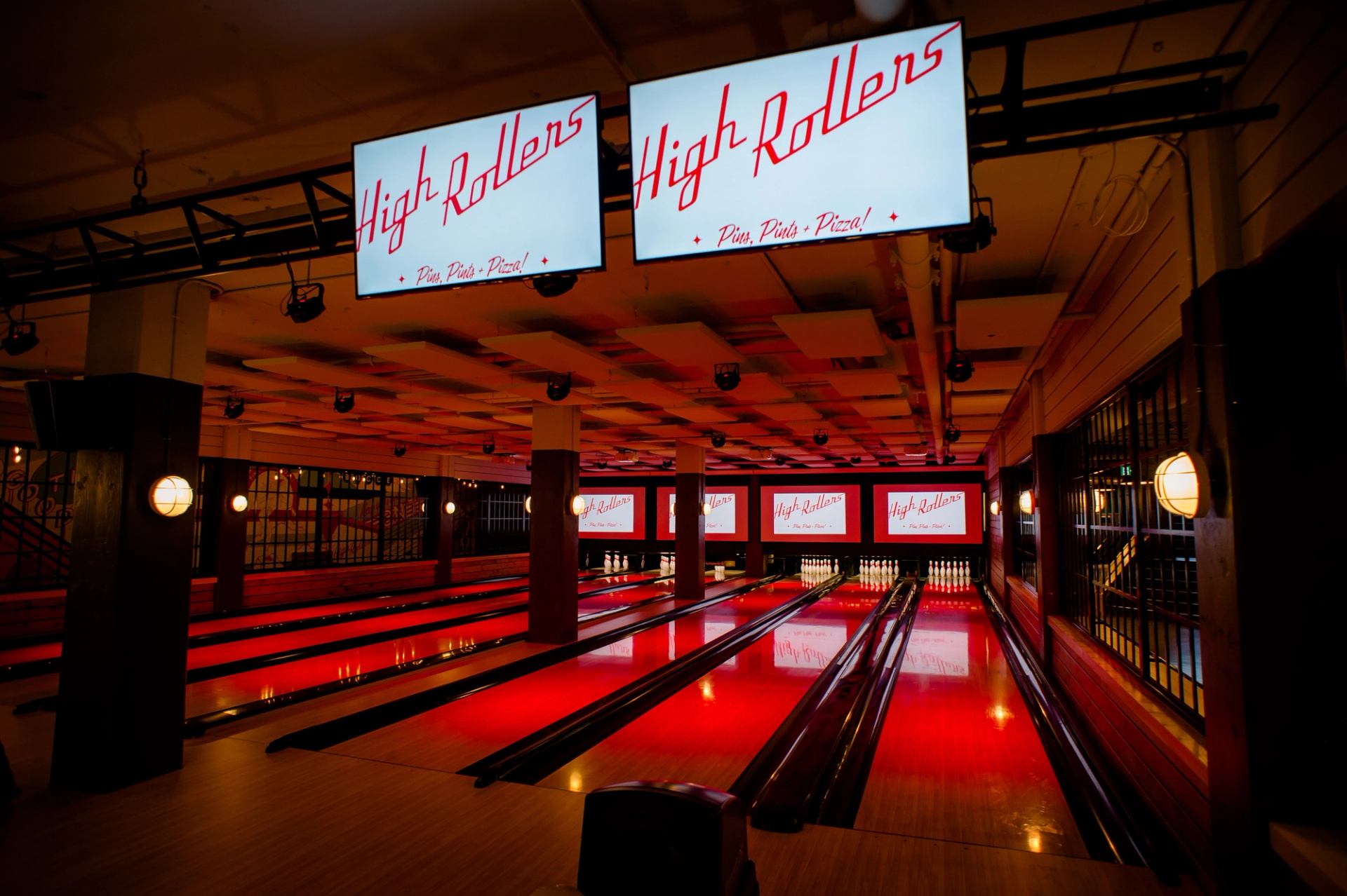 Bowling alley with 6 lanes. 