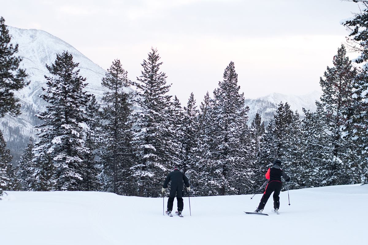 Skiers on a snow-covered slope with pine trees and mountain peaks in the background.