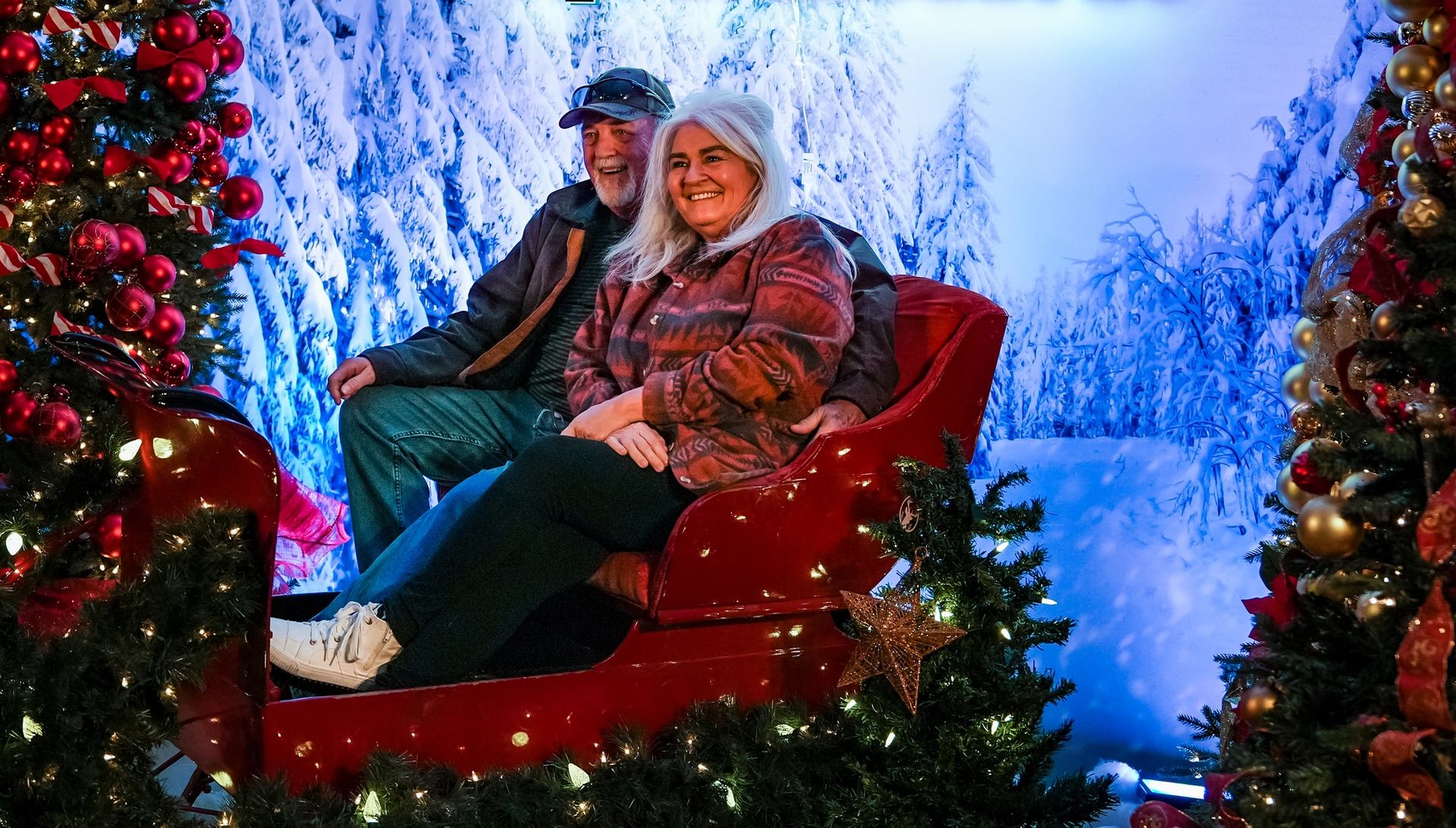 Two people sitting in a decorated sleigh surrounded by Christmas trees and lights.