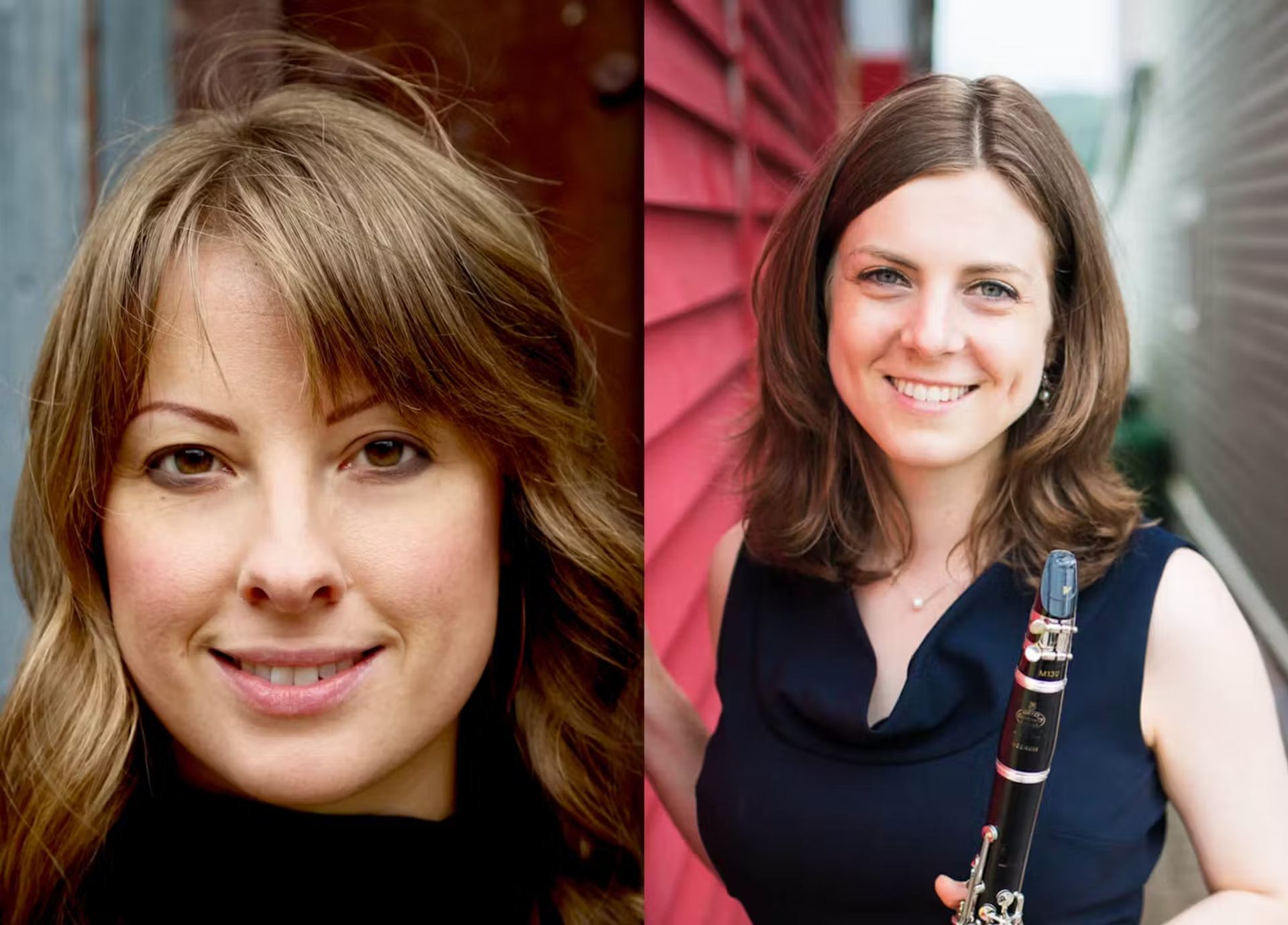 Two smiling musicians, one with a clarinet, in split outdoor portraits.