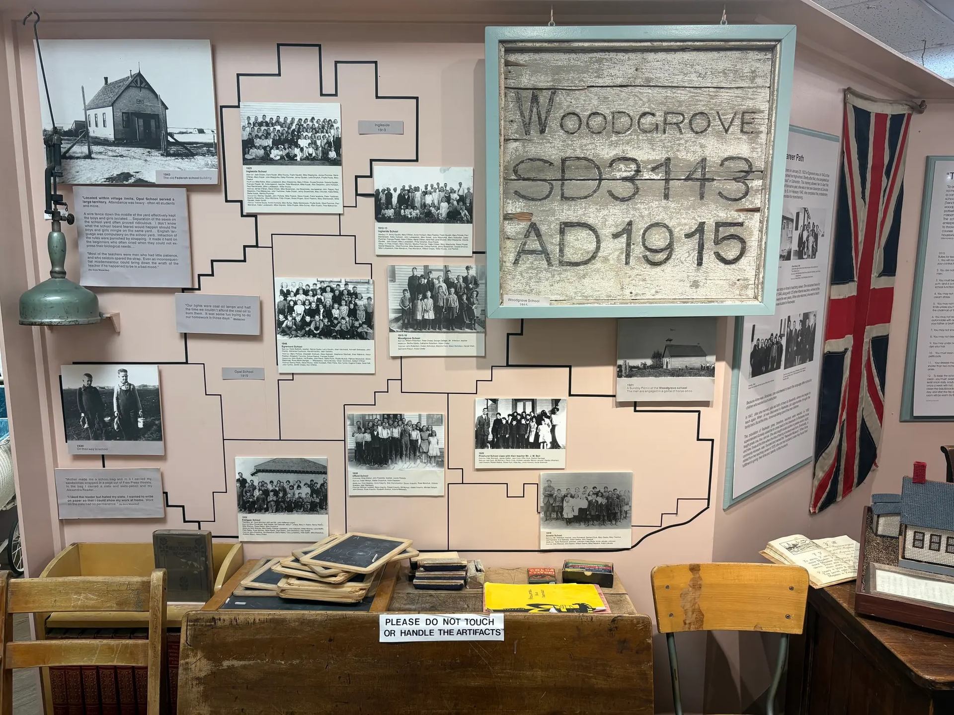 Display of photos of the one room schools in the Redwater District.
