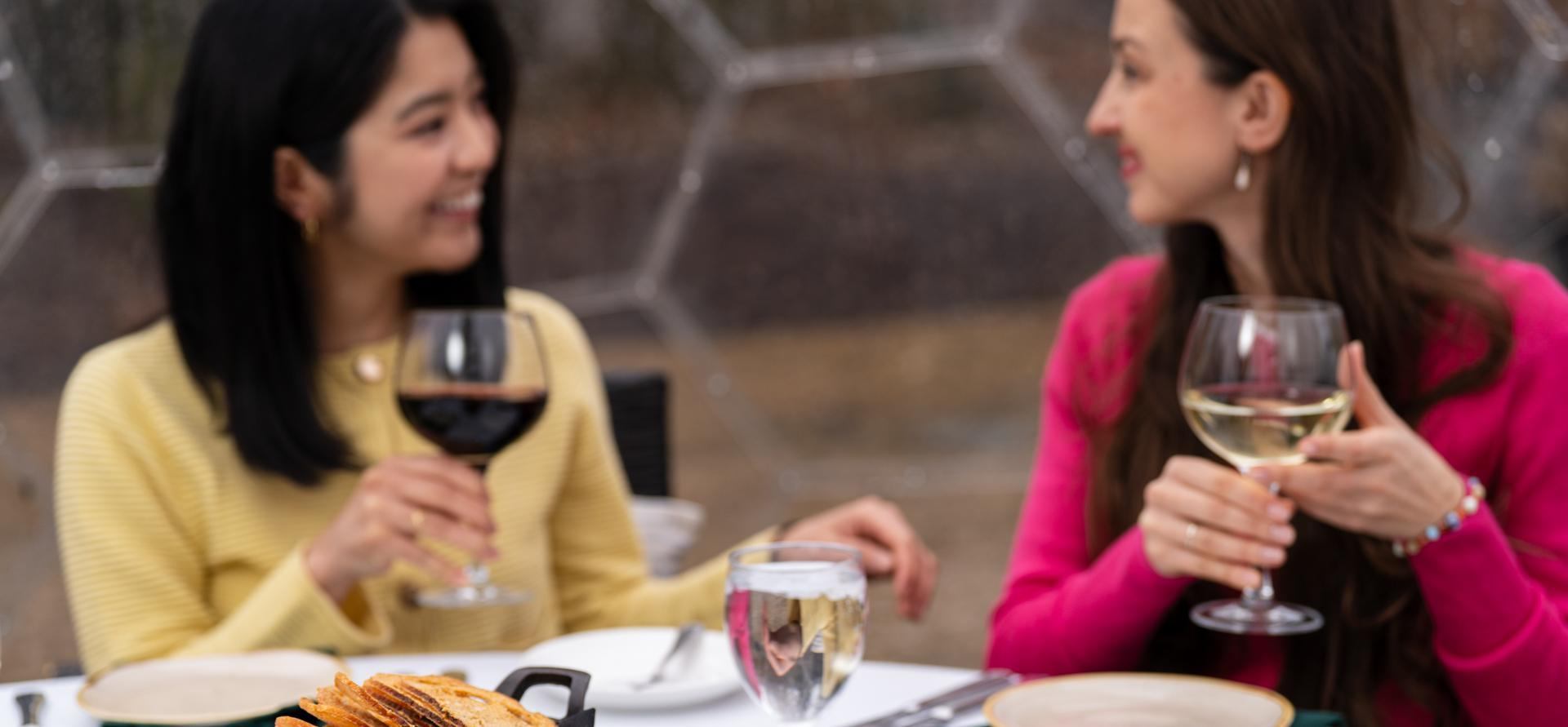 Two people sit at a table, holding wine glasses beside plates and breadsticks.