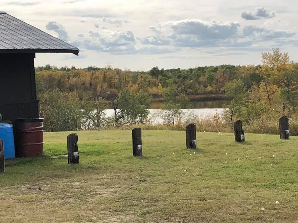 Arm Lake Recreation Area showcases a peaceful open grassy space overlooking a calm lake, with trees in the background and short wooden posts lining the edge of the picnic area.