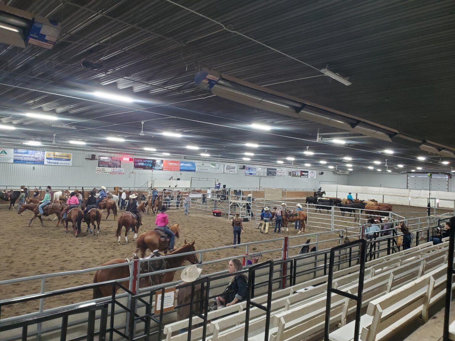 Riders on horseback gather in an indoor arena with bleachers, pens, and livestock handling areas.