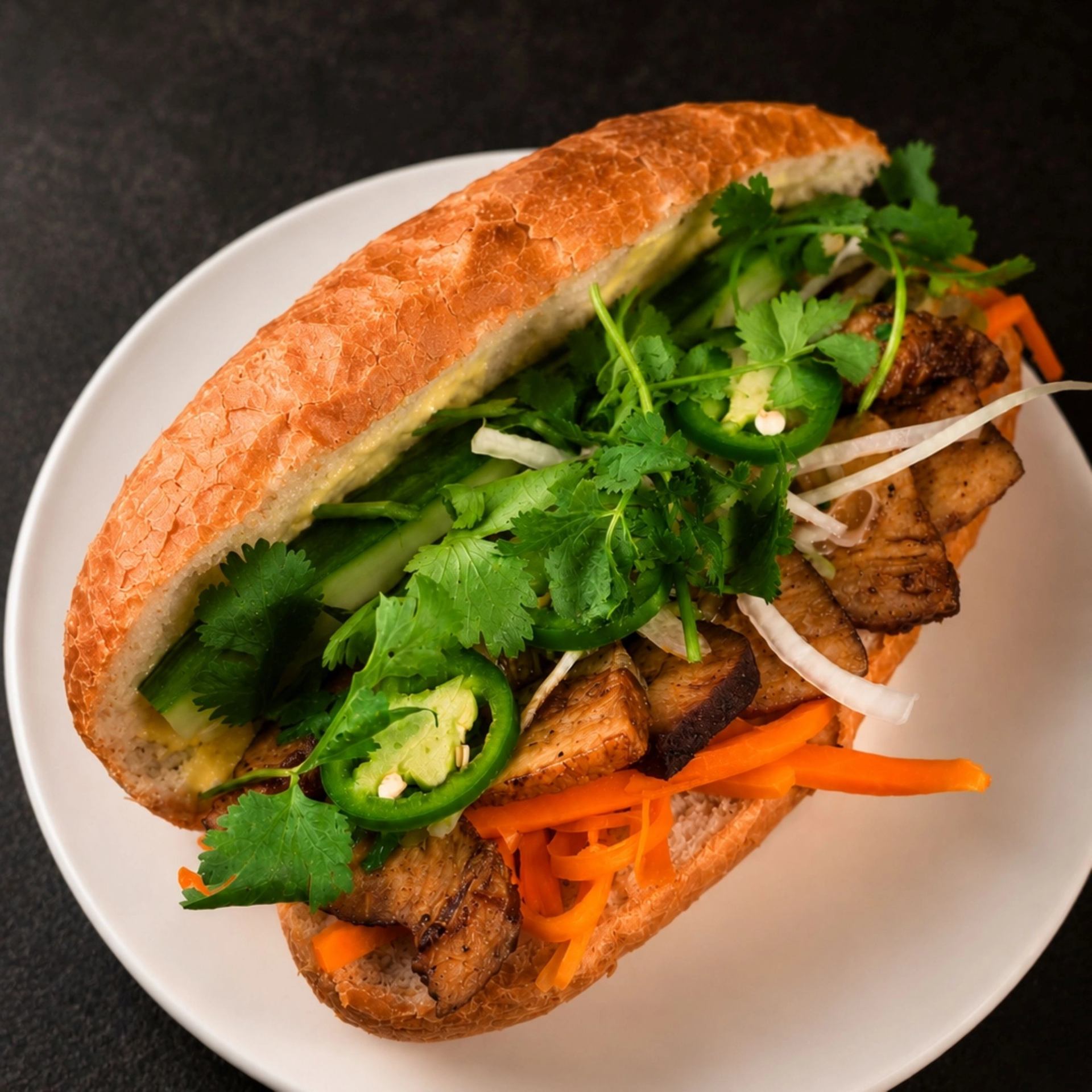 Bánh mì sandwich on white plate with grilled meat, pickled vegetables and fresh herbs.