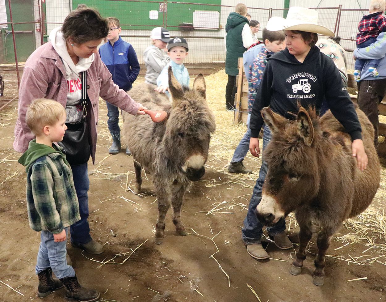 Children and adults standing with small donkeys in an indoor livestock area at an agri-show.