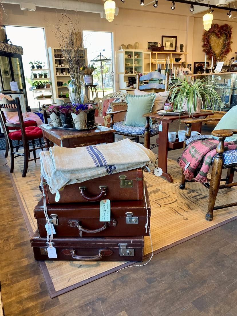 Antique suitcases, chairs, pillows, and potted plants in a boutique display area.