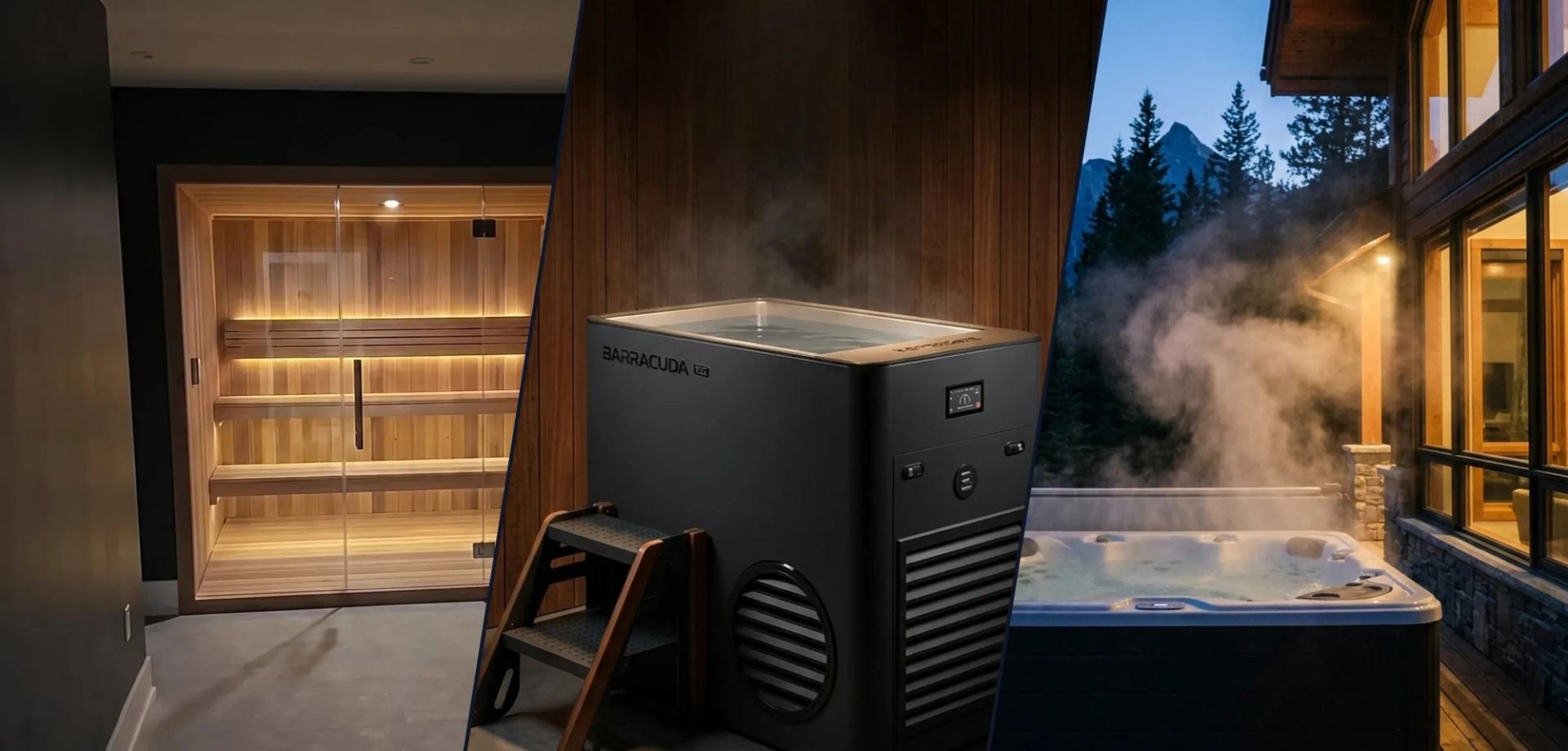 Indoor sauna, Barracuda ice bath unit, and steaming outdoor hot tub beside trees.