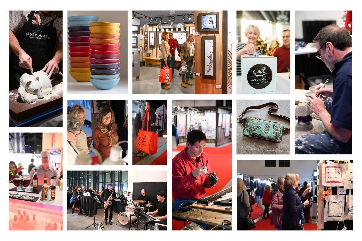 Collage of artists sculpting, painting, and crafting at market.