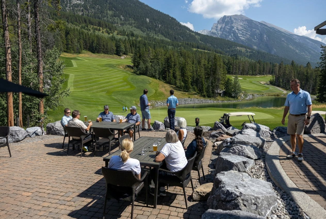 Patio diners overlook a green golf course with forested mountains and a small pond.