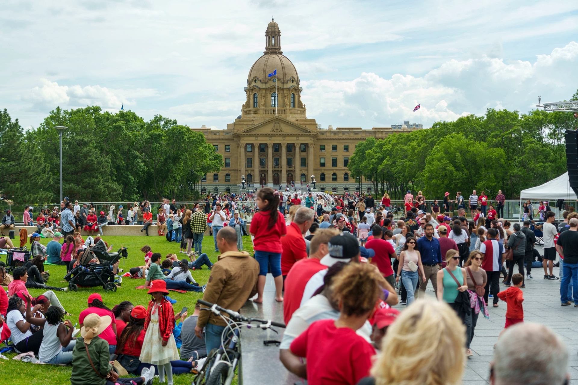 People gathered celebrating Canada Day at the Alberta Legislature
