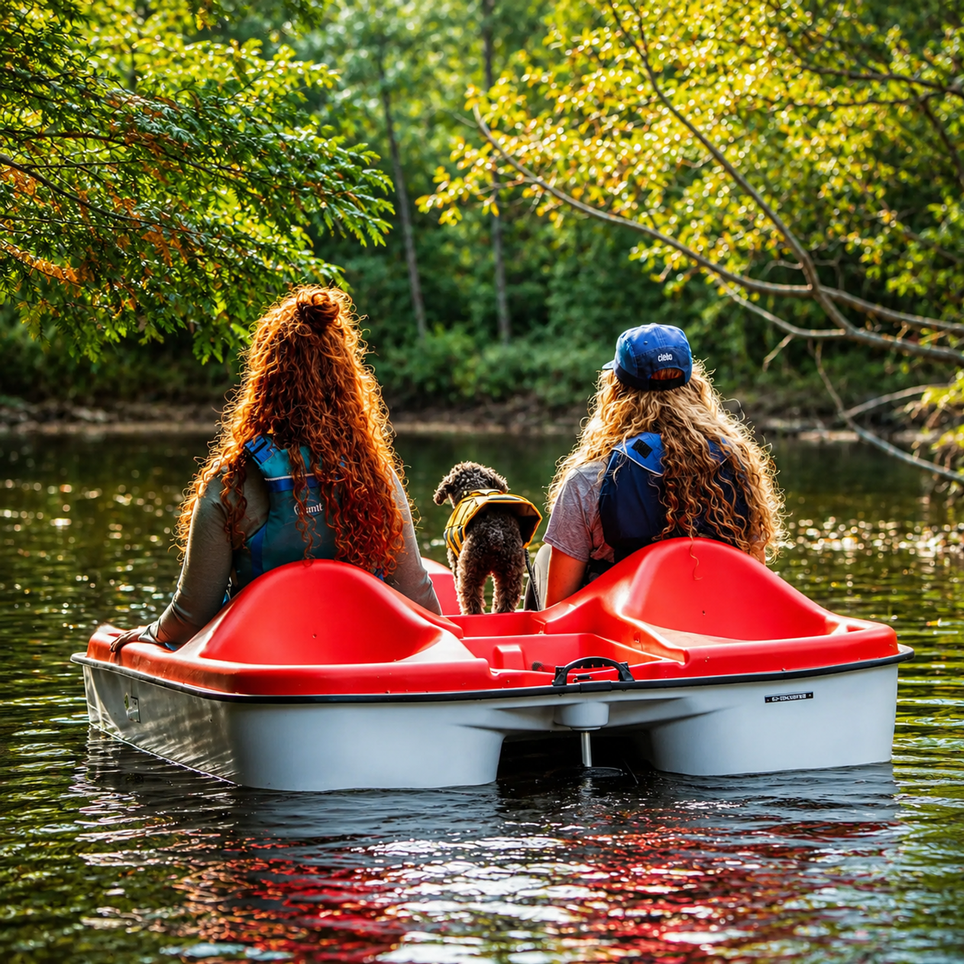 Red pedal boat on calm river with two people and dog wearing lifejackets.