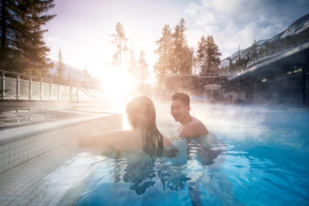 Couple enjoying the Banff Upper Hot Springs.