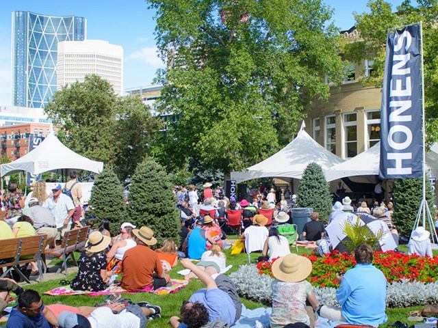 Concert goers sat outside on the grass