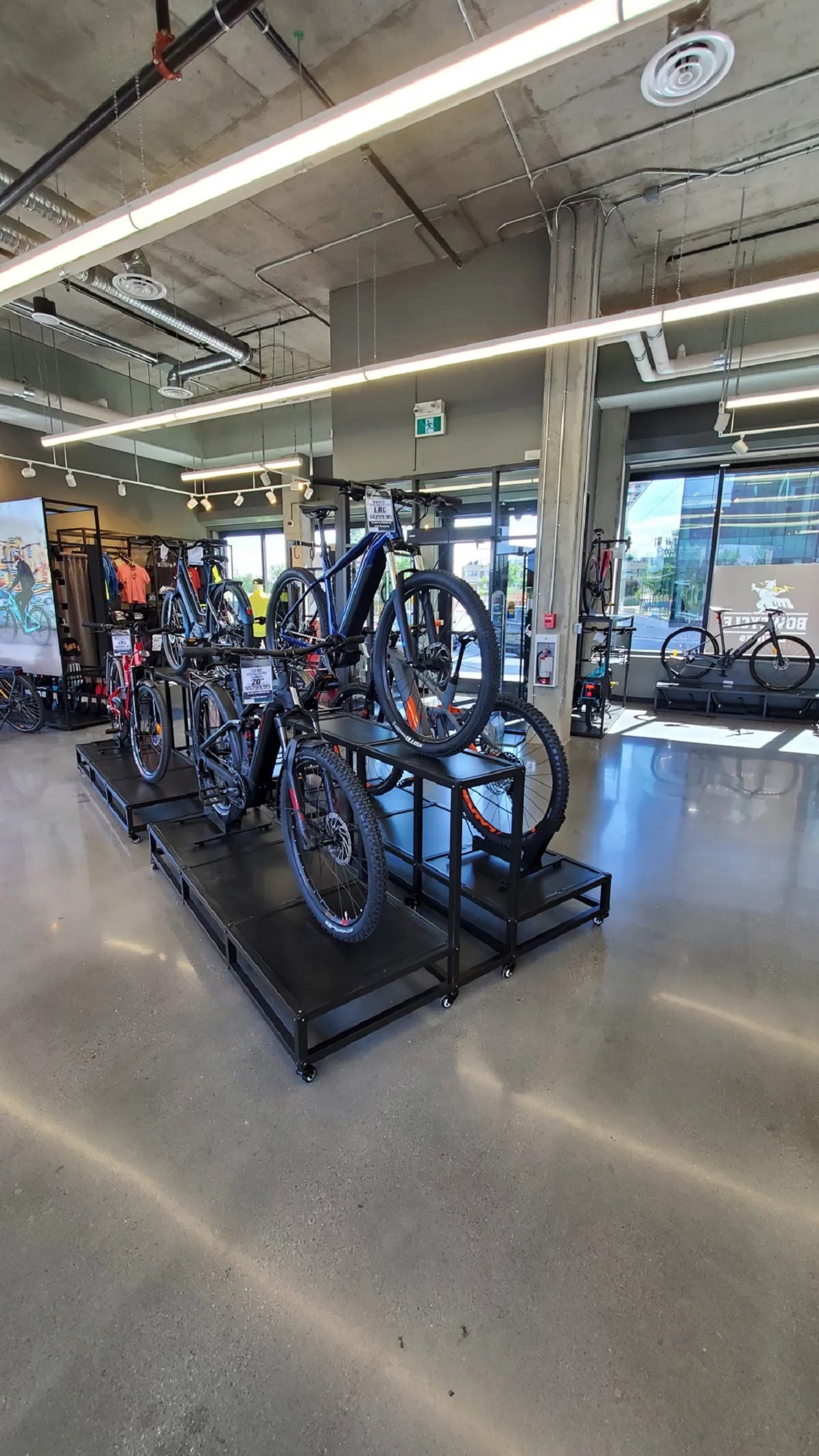 Bicycles on display on rolling platforms inside an indoor rental shop, with glass doors behind.