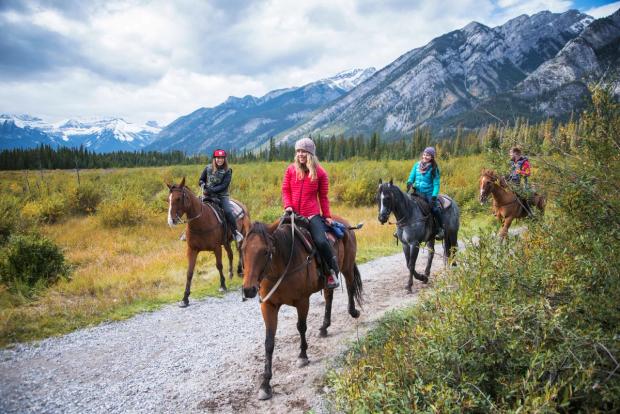 Horseback riders on a trail in the mountains in Banff National Park.