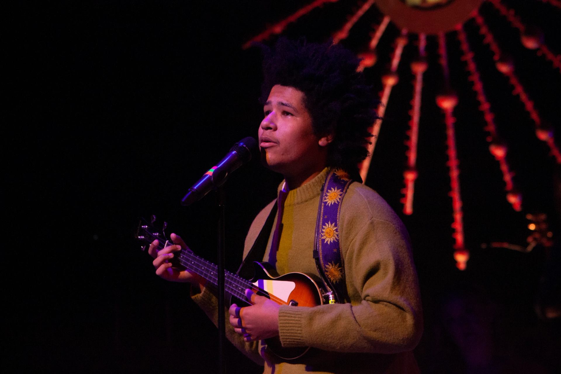 Solo performer singing and playing stringed instrument on stage with red circular lights.