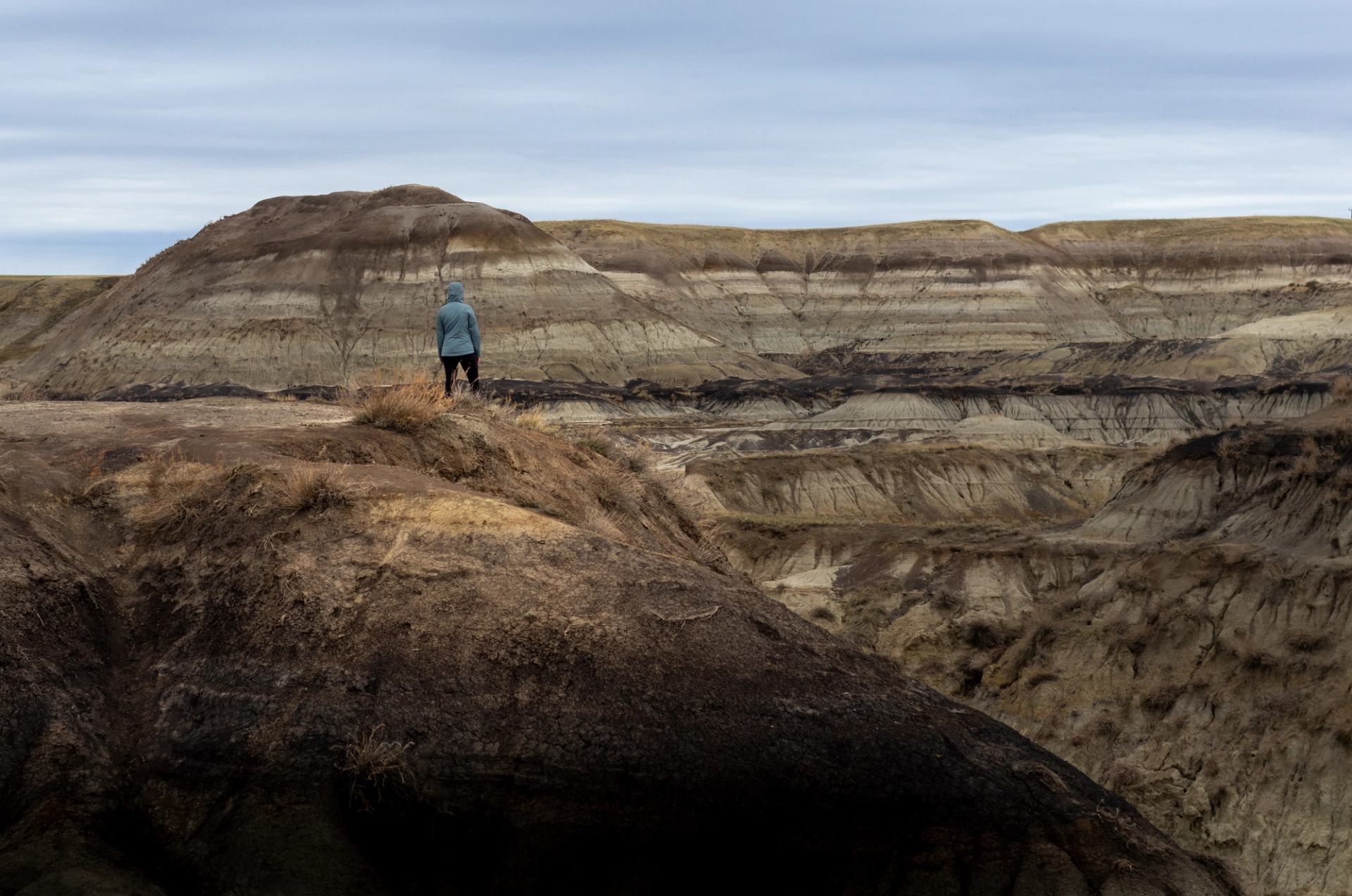 Person standing on a rugged cliff overlooking layered badlands terrain.