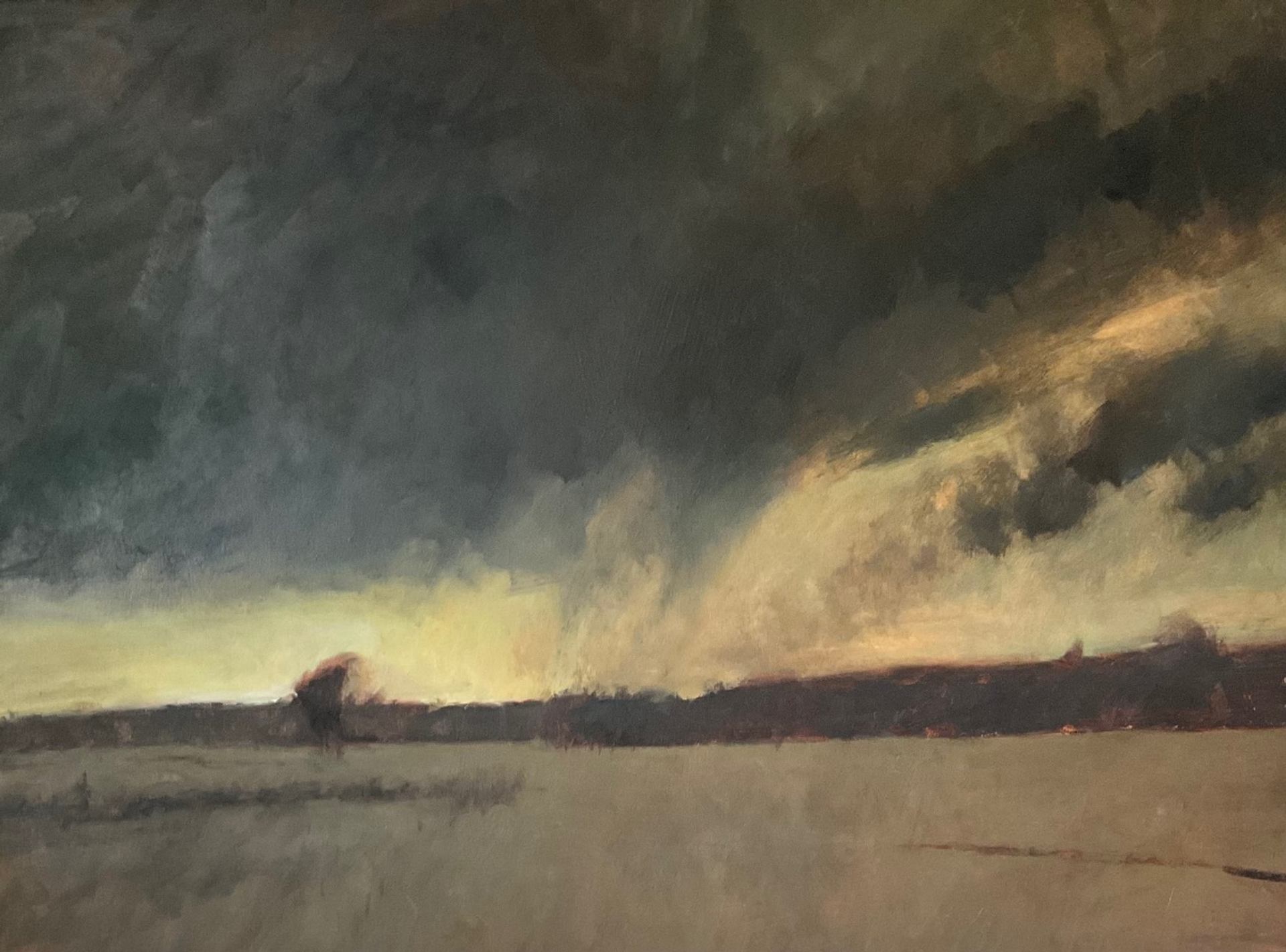 Landscape painting with cloudy sky, hills, and a calm body of water.