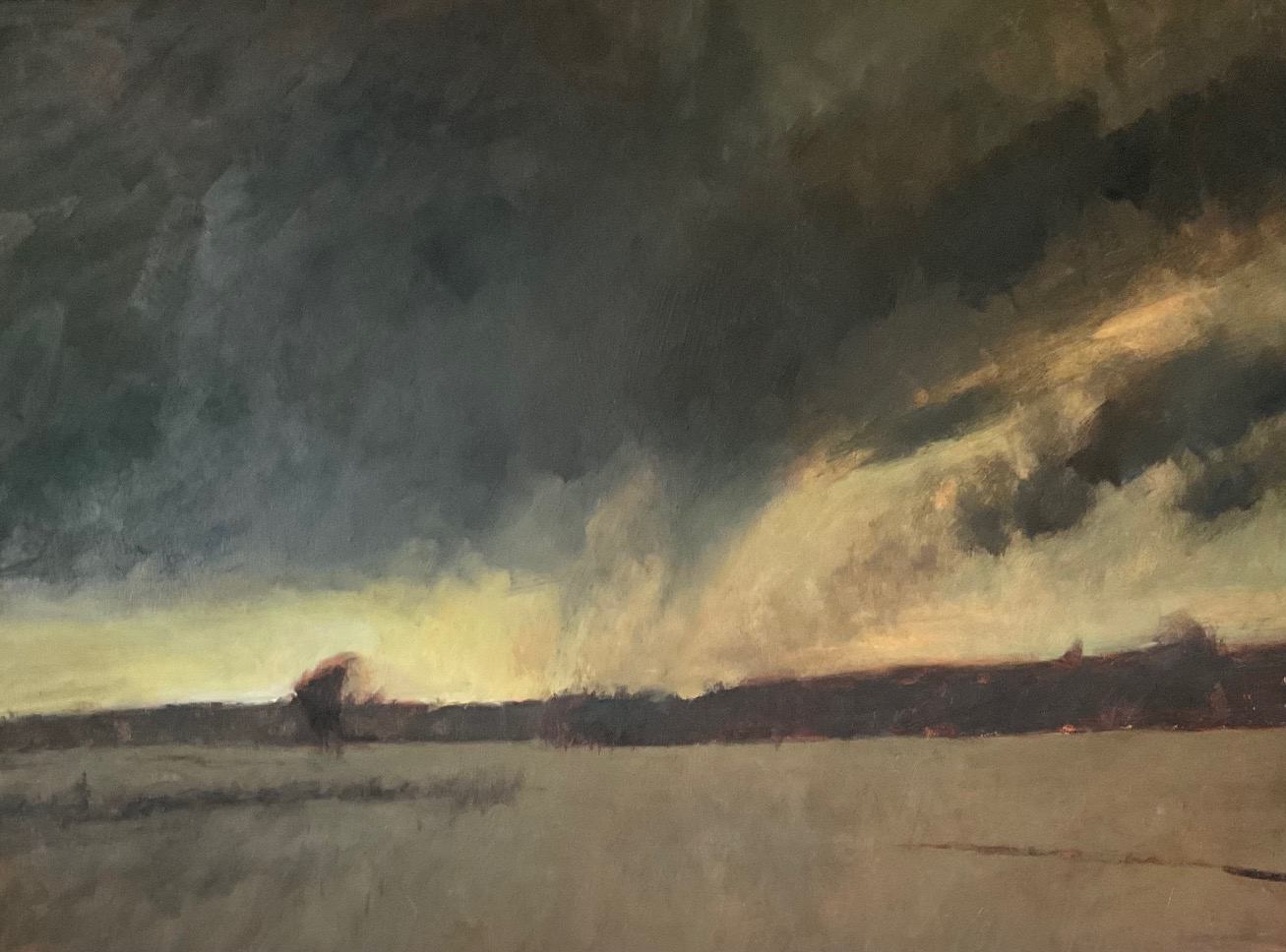 Landscape painting with cloudy sky, hills, and a calm body of water.