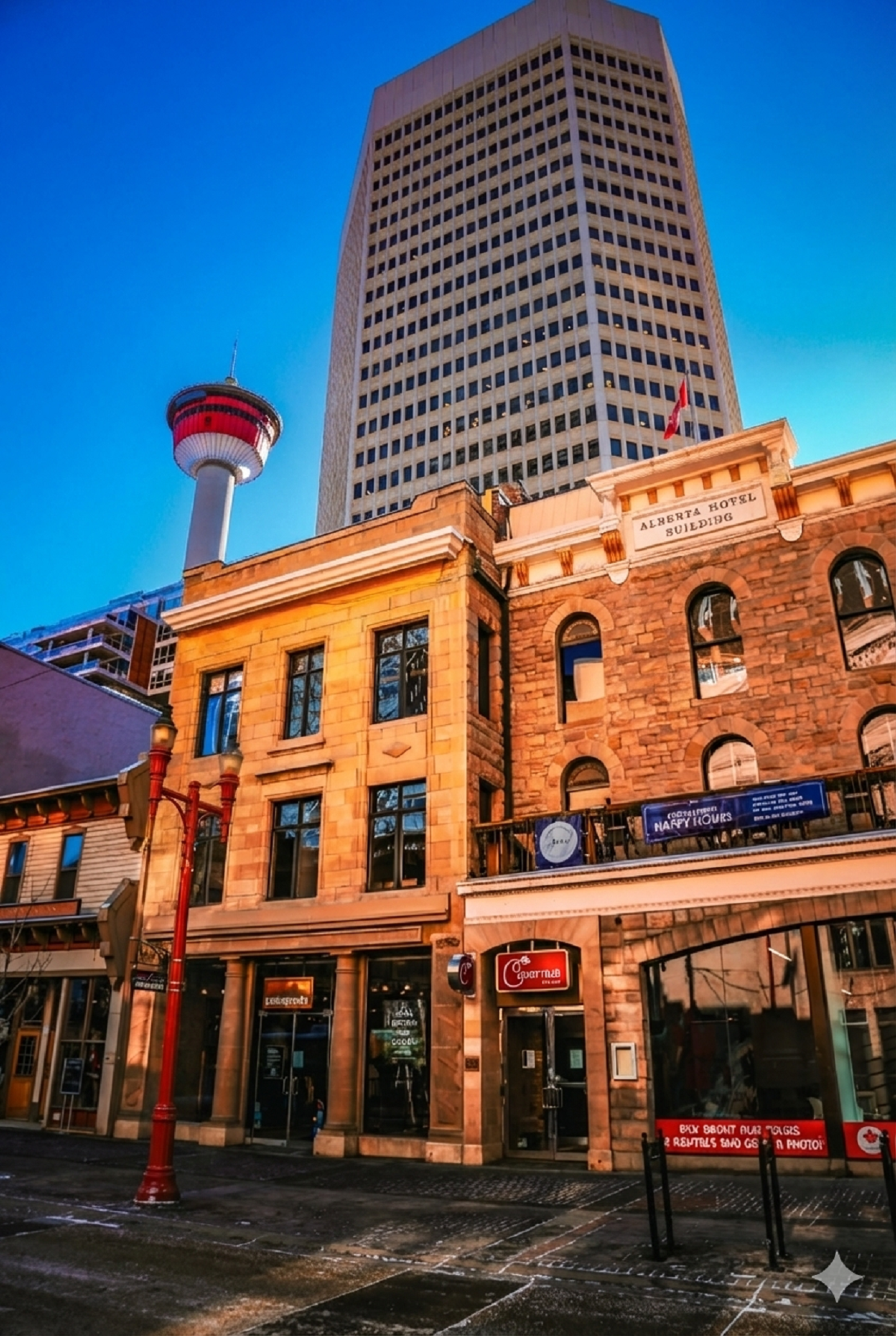 Exterior of CavernUs in a historic building with a city skyline and tower in the background.