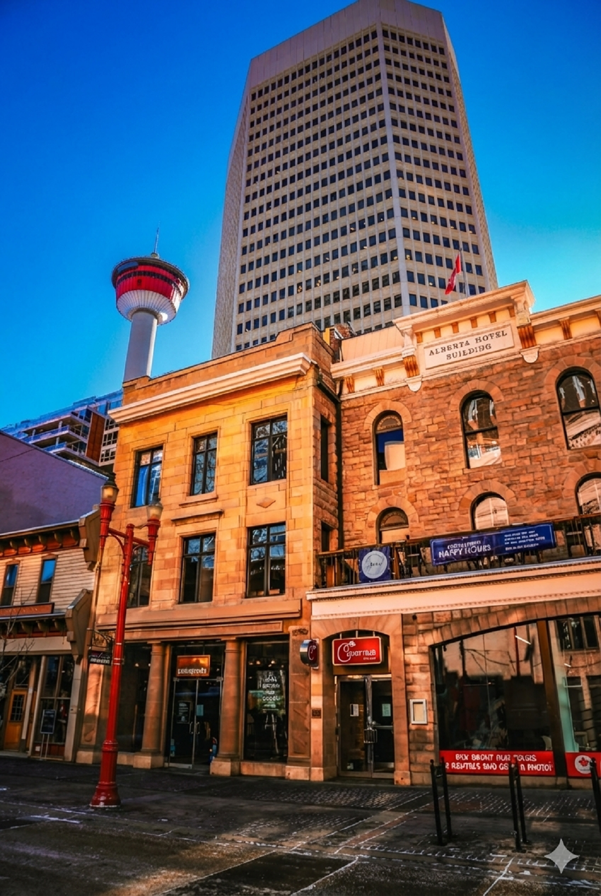 Exterior of CavernUs in a historic building with a city skyline and tower in the background.