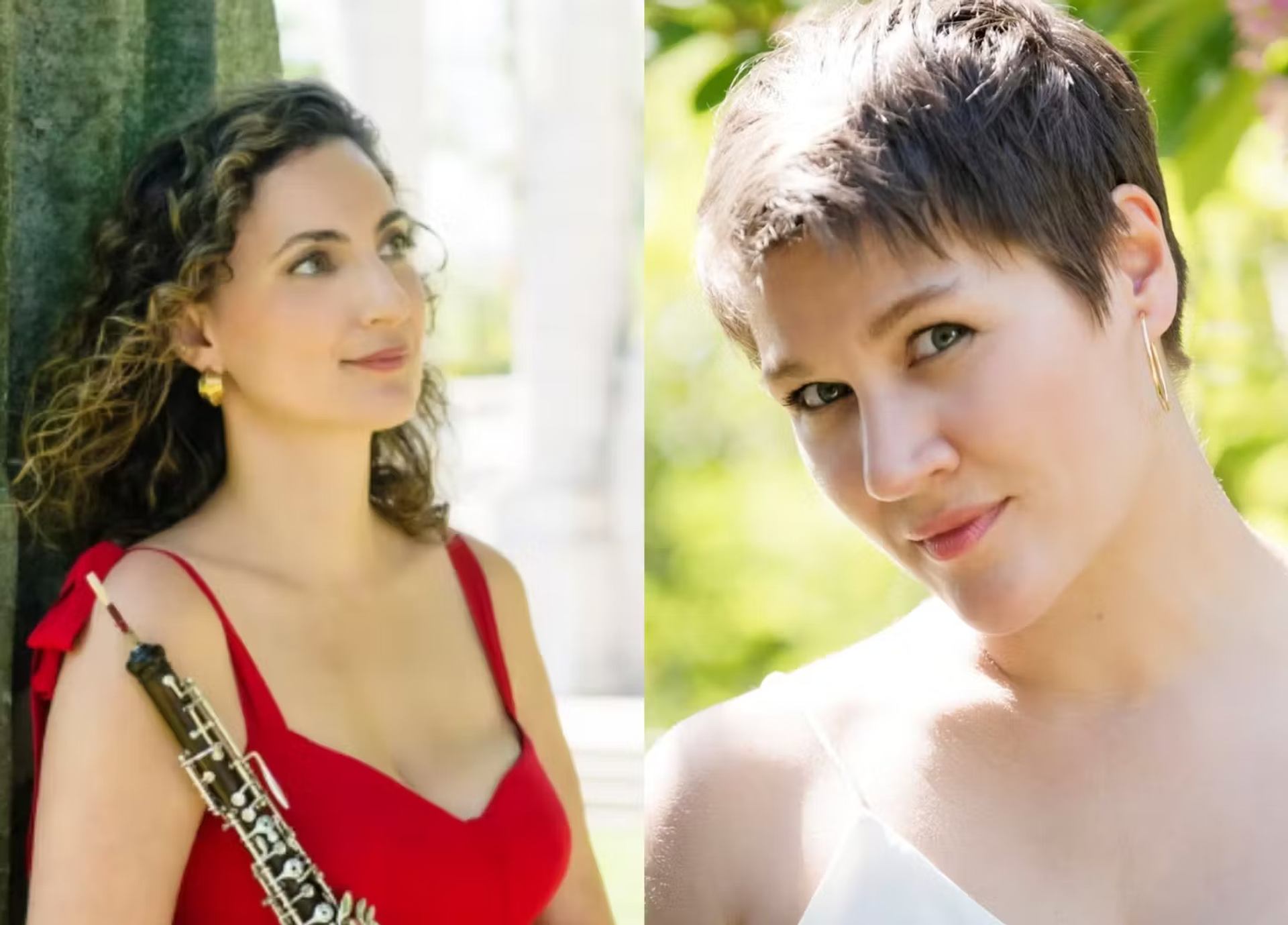 Two musicians outdoors, one holding an oboe, in a split portrait with natural backgrounds.