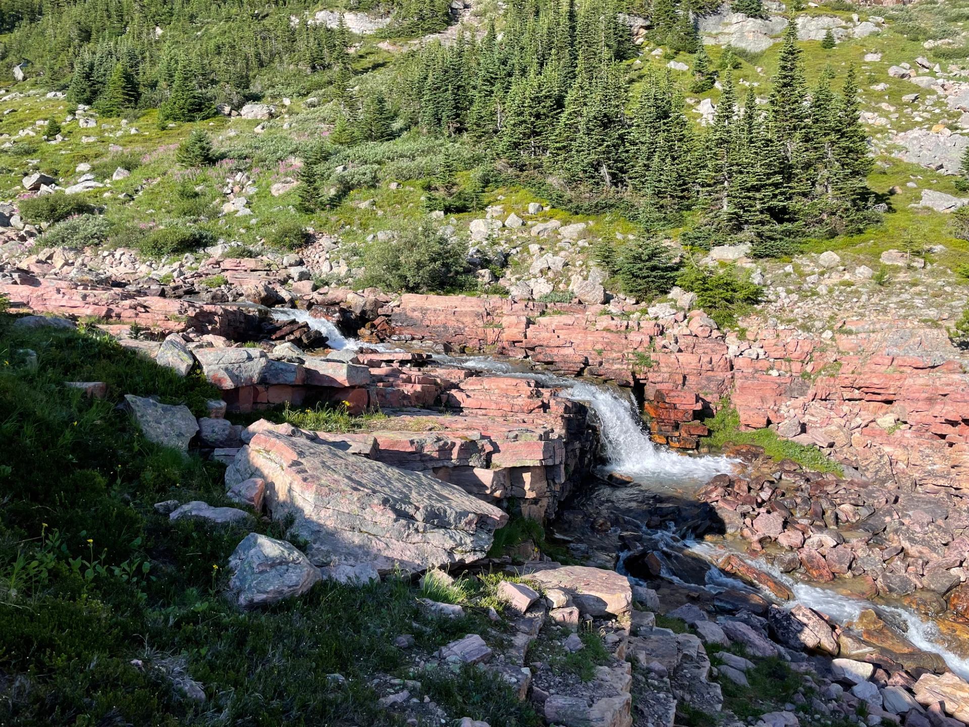 Small waterfall flowing through layered red rocks below a hillside of evergreens and shrubs.