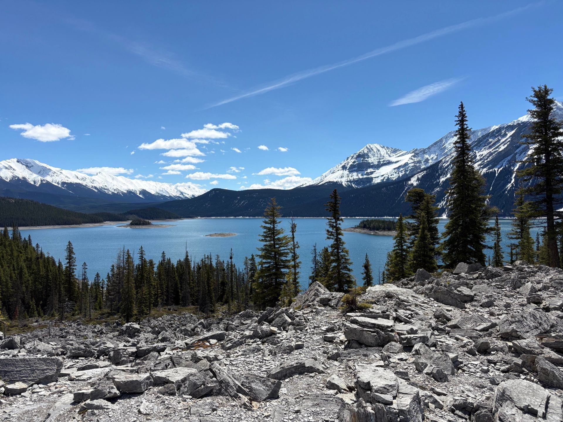 Rocky shoreline with evergreen trees overlooking blue lake and snow-covered mountain range.