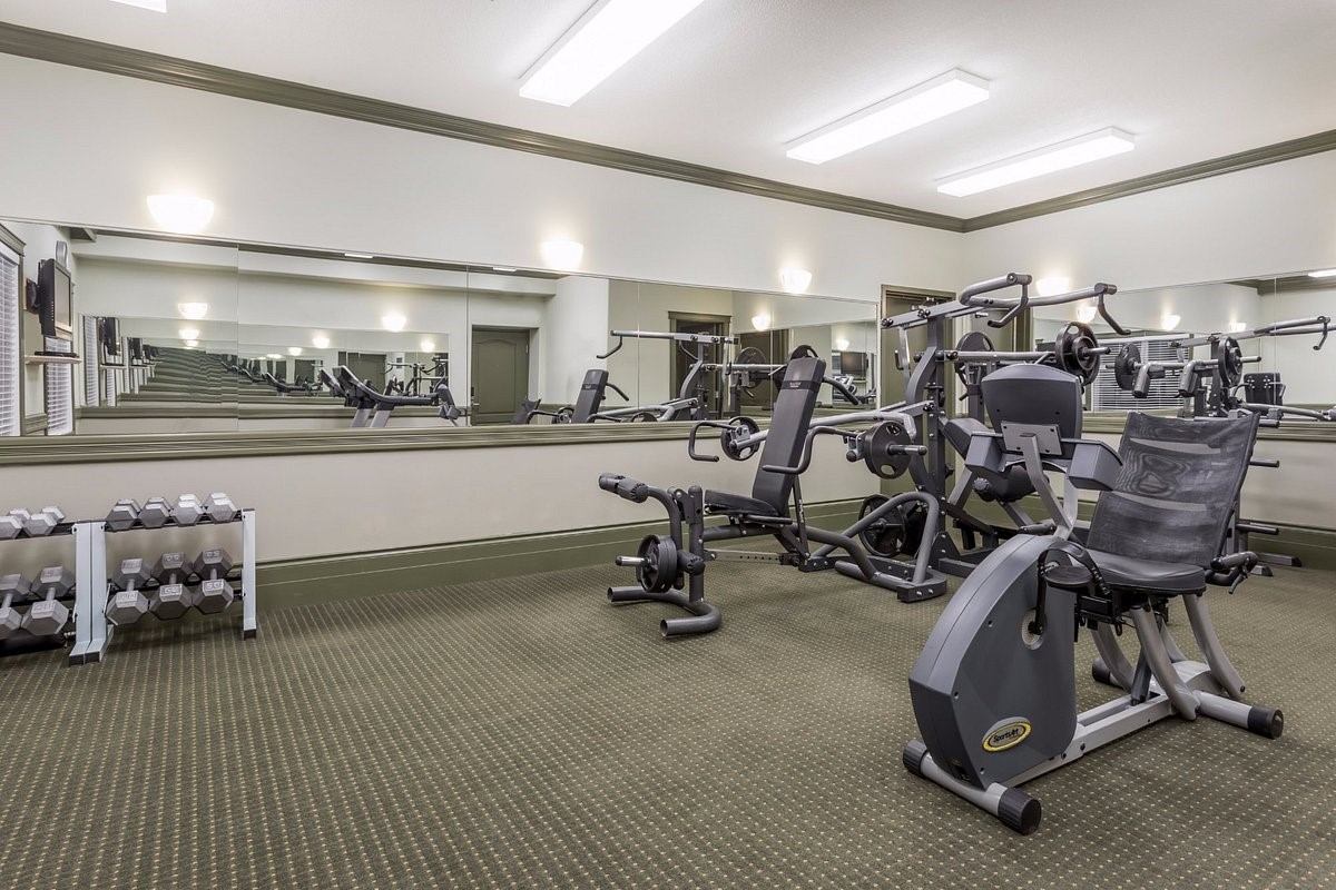 Fitness room with weight machines, dumbbells, and mirrors at Ramada Hinton.