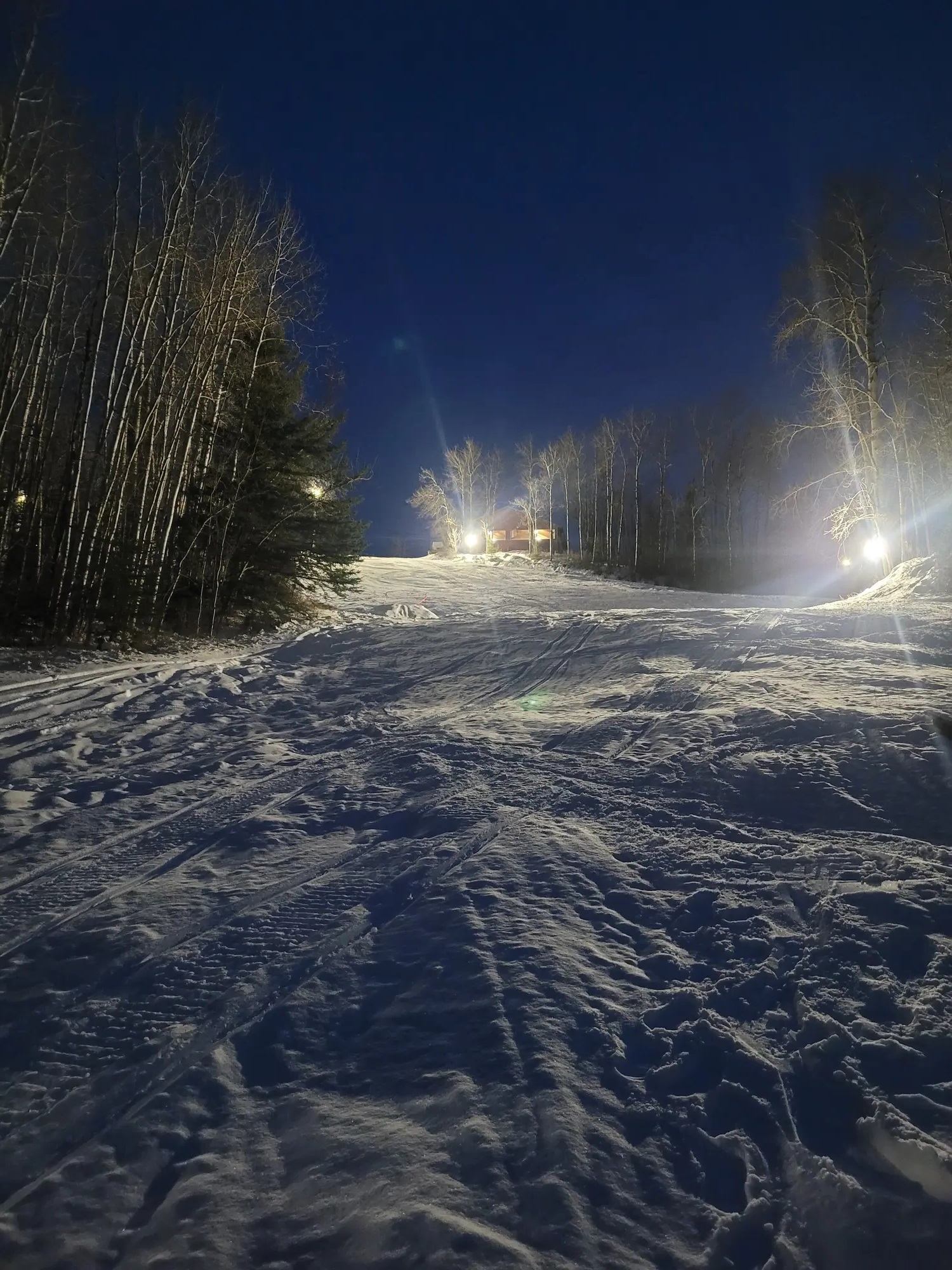 Snowy ski hill lit at night, flanked by trees.