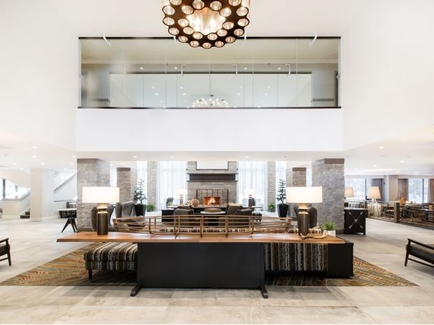 The lobby area of the Pomeroy Kananaskis Mountain Lodge.