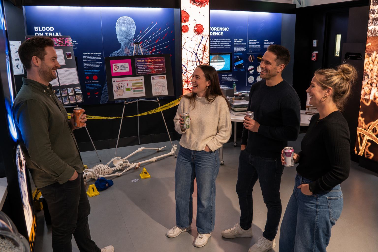 Visitors holding drinks stand near forensic science exhibit with skeleton and crime scene tape.